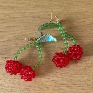 Susan Alexandra Red Cherry Beaded Hoop Earrings with Green Accents